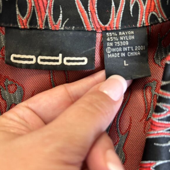 Vintage Y2K Button Up Embroidered Club Shirt L Black Red Flames Skulls Camp - Picture 6 of 6